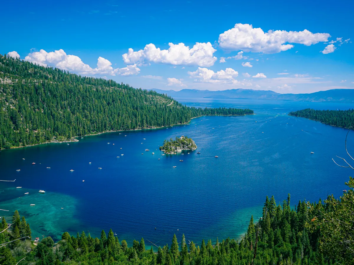 Deep blue bay with a small island and wooded shoreline seen from a high viewpoint