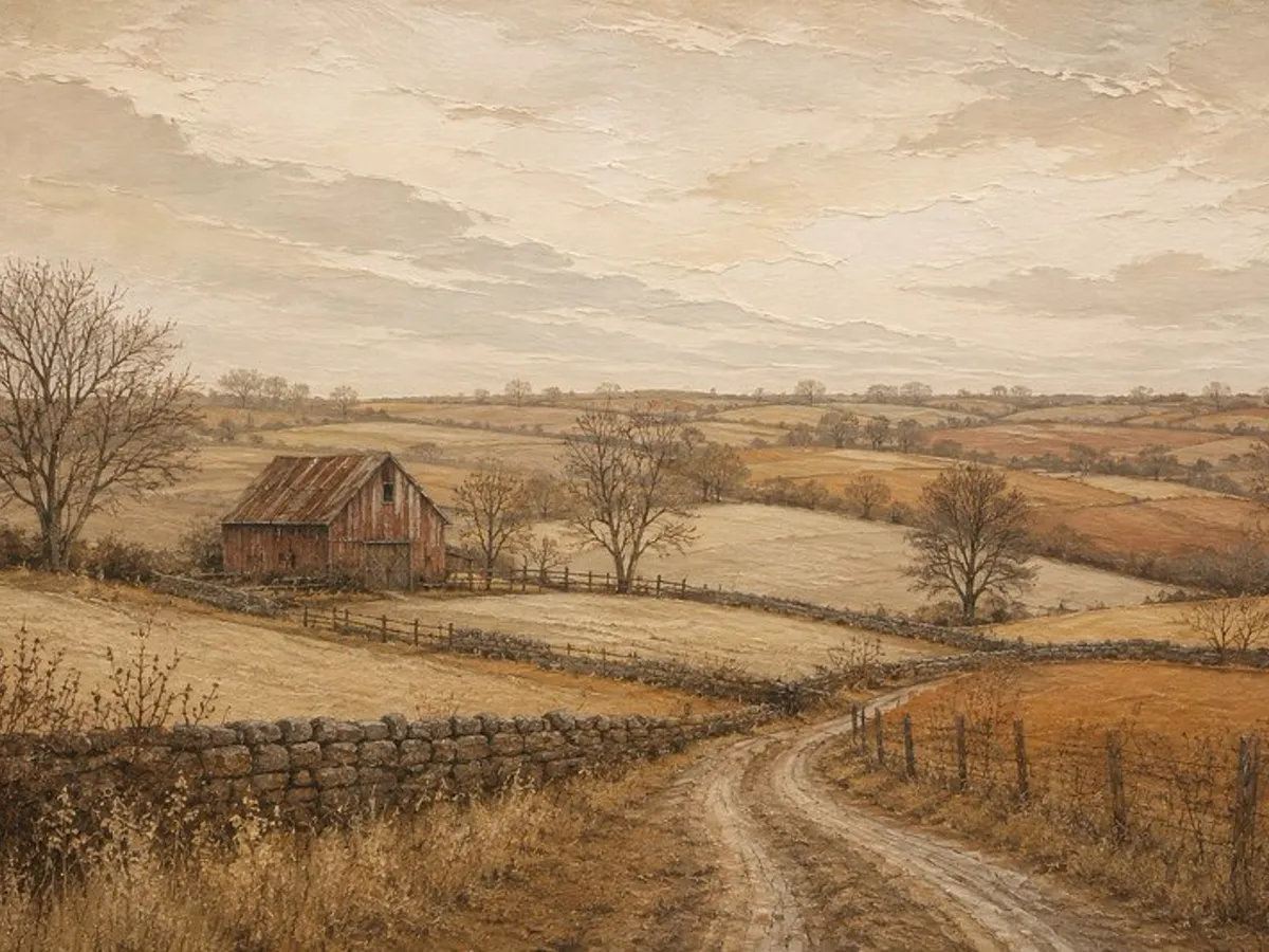 White country church and red barns beside a quiet road through autumn farmland